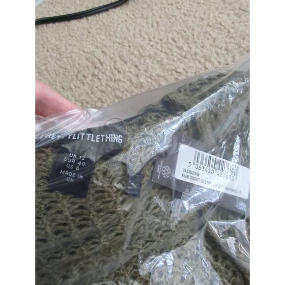 Pretty Little Thing Khaki Crochet Gold Trim Cut Out Beach Dress US Size 8 NWT - Picture 5 of 6